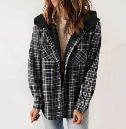 Casual Plaid Hooded Woolen Coat Thickened Fleece-lined Warm Jacket - Velora