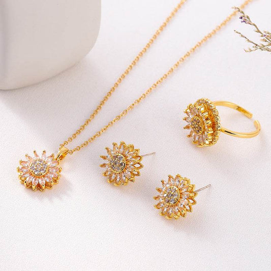 Classic Charm Sunflower Flower Stainless Steel Necklace Earrings Fashion Exquisite Micro Seed Jewelry Ring - Velora