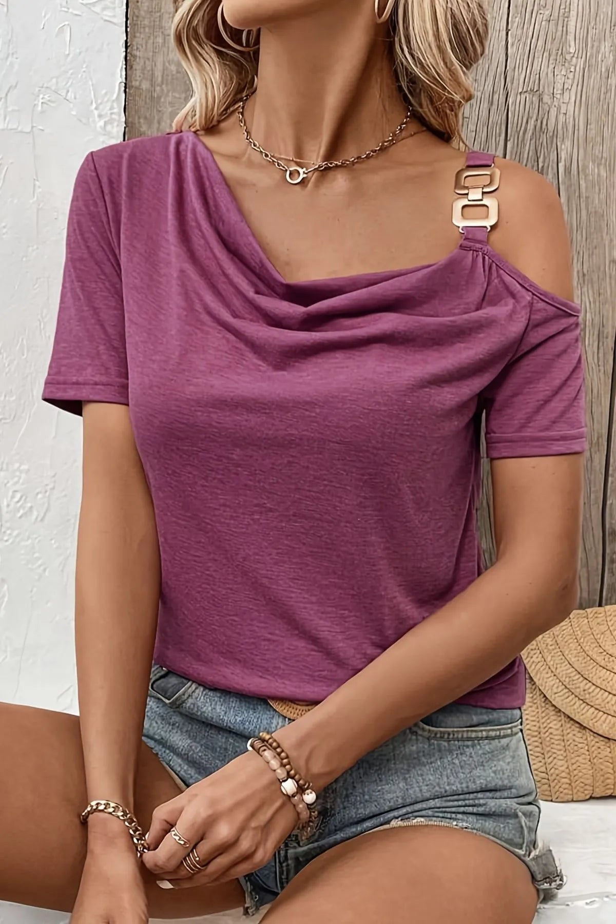 Asymmetric Shoulder T-Shirt with Metal Buckle Detail - Velora