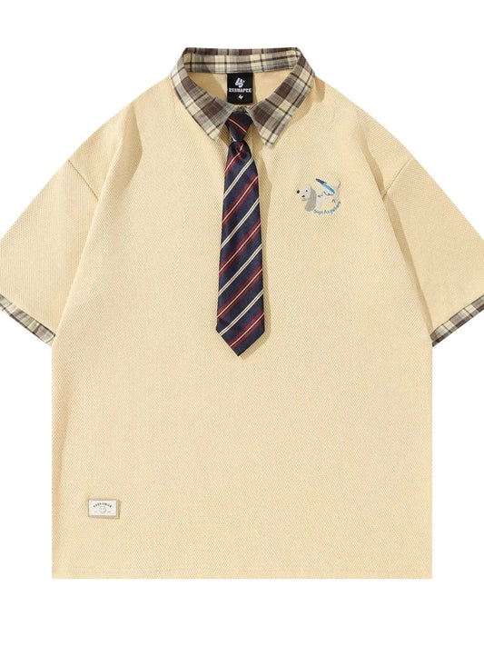 Men's Plaid Collar Short Sleeve Polo with Tie - Velora