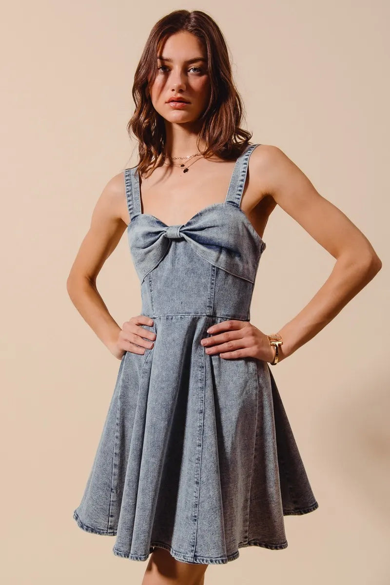 SO ME Mineral Washed Bow Ribbon Denim Flare Dress - Velora