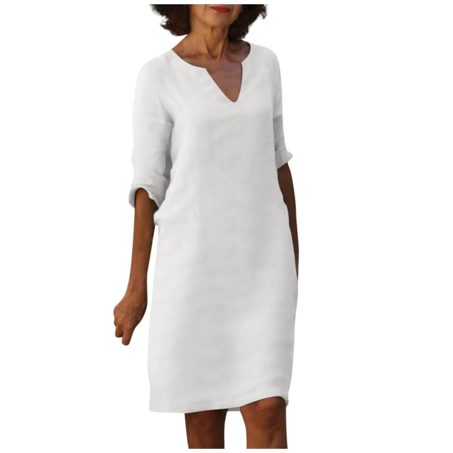 Cotton And Linen V-neck Dress Summer Stitching Retro High Waist Pure Color Dresses - Velora