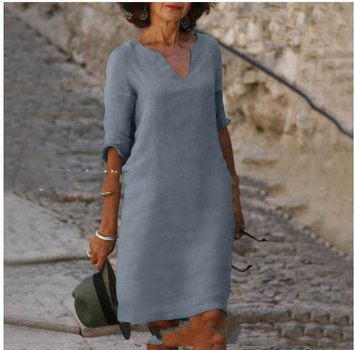 Cotton And Linen V-neck Dress Summer Stitching Retro High Waist Pure Color Dresses - Velora
