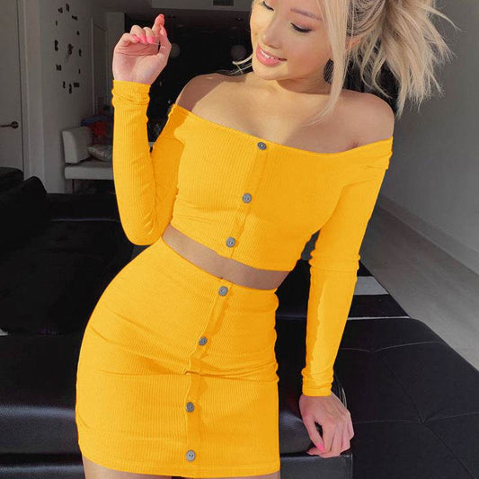 Fashion Trend Woman Sexy Off Shoulder Set Solid Button Bodycon 2 Pcs Sets Women Long Sleeve Top And Skirt Summer Autumn Sets - Velora