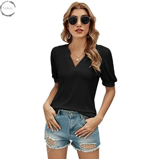 Casual V-neck Solid Color Puff Sleeve Loose T-shirt For Women - Velora