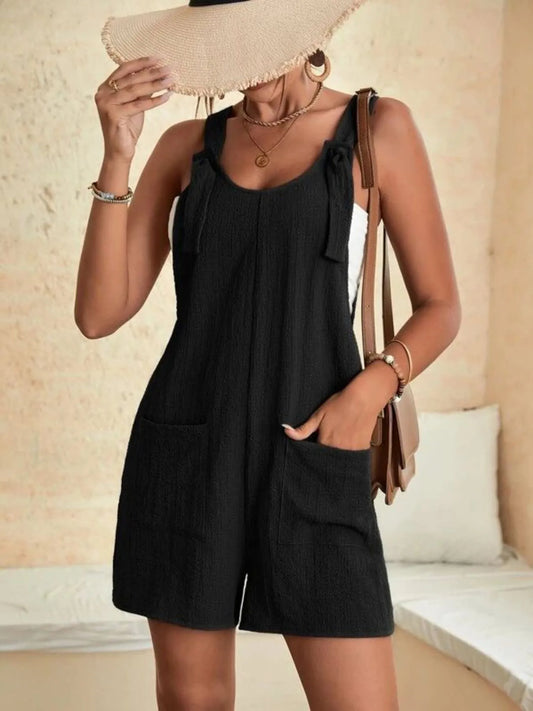 Full Size Knot Strap Romper with Pockets Plus Size - Velora
