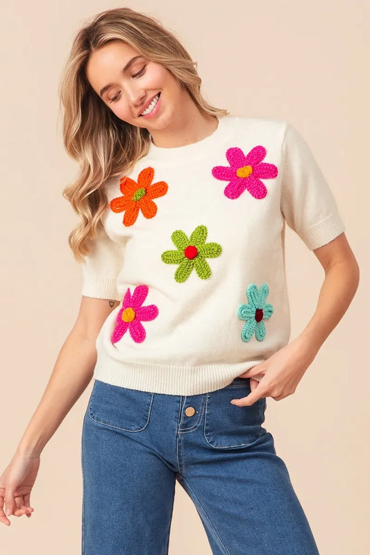 BiBi Crochet Flower Patch Sweater Top - Velora