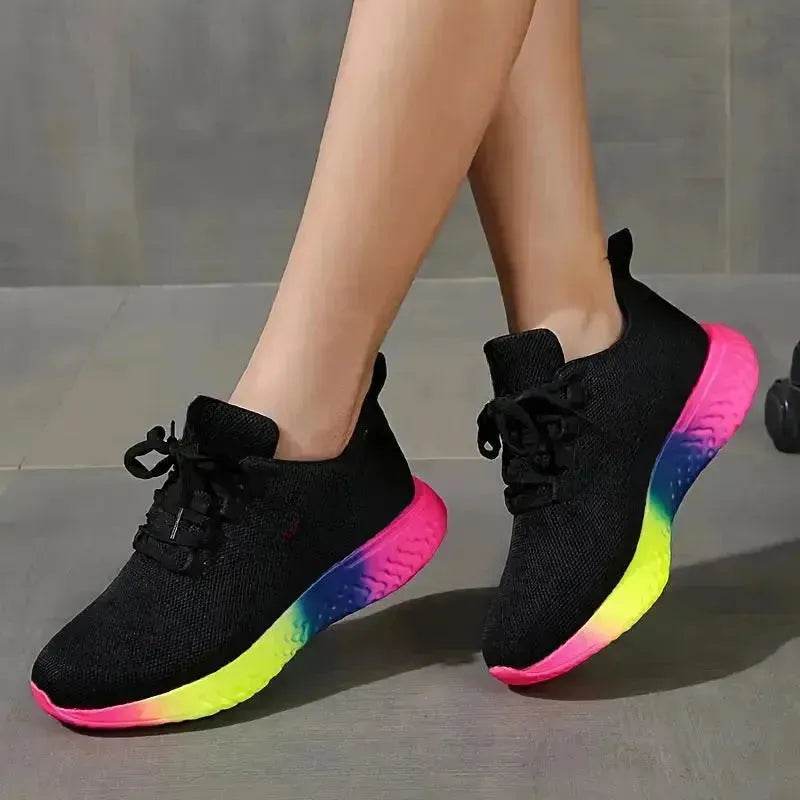 Rainbow sneaker - Lace-up Mesh Shoes With Rainbow Sole Design Fashion Walking Running Sports Shoes Sneakers For Women