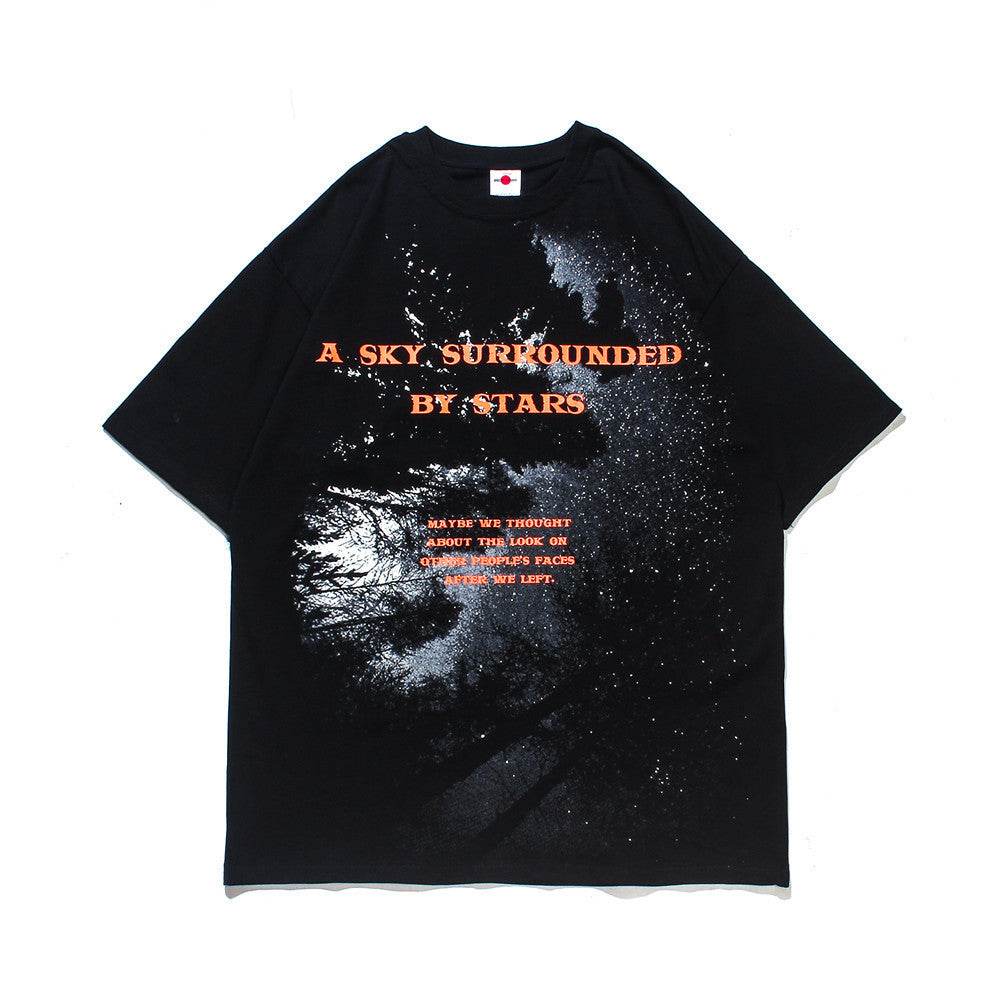 Starry Sky Letter Printed Short-sleeved T-shirt Men - Velora