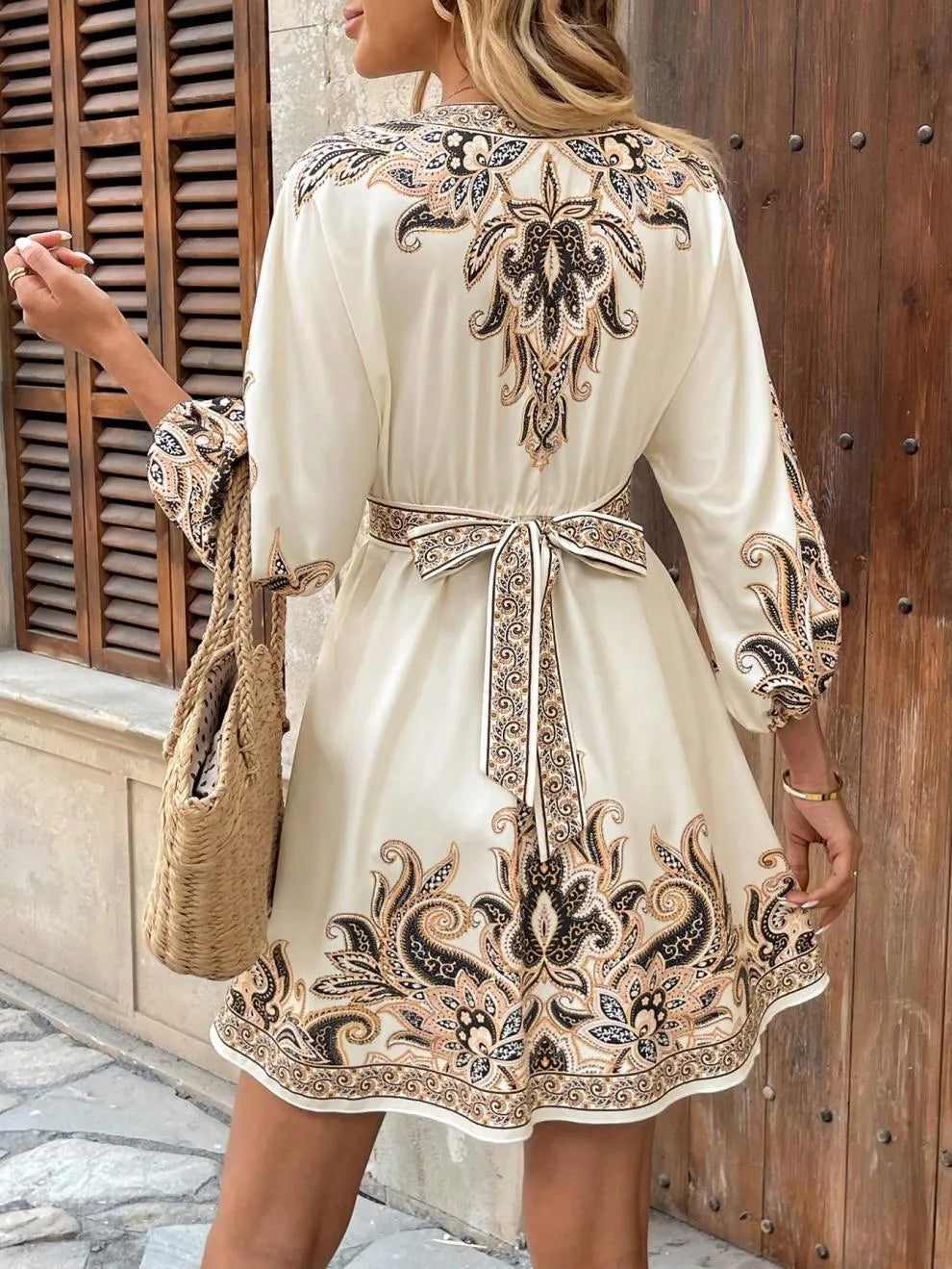 Paisley V-Neck 3/4 Sleeve Mini Dress - Velora