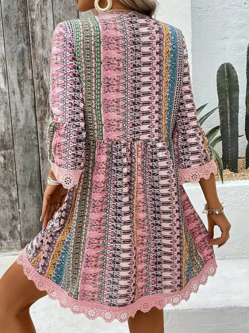 Bohemian Style V-neck Printed Dress Fashion Casual Loose Beach Dresses For Women - Velora