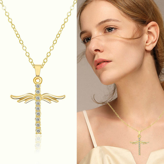 Angel Wings Cross Pendant Necklace For Woman With O Type Stainless Steel Chain Necklace Jewelry Gift - Velora