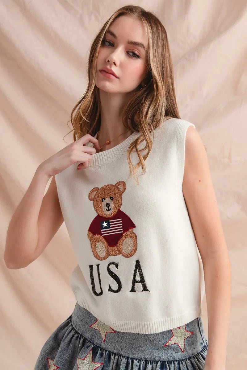 SO ME Teddy Bear Wearing An American Flag With Usa Embroidered Sweater Vest - Velora