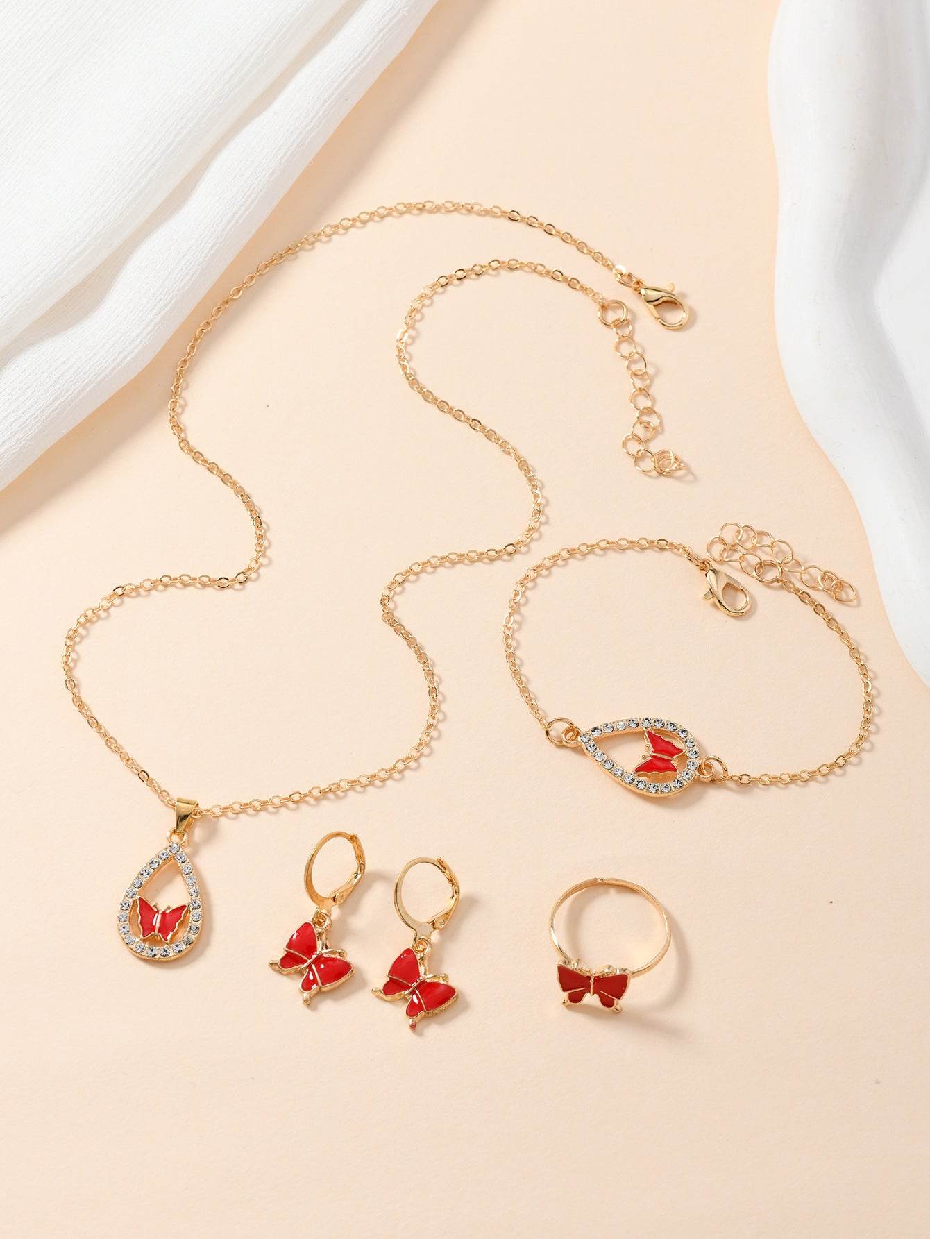 4PCS Set Luxury Women Butterfly Necklace Bracelet Earrings Drop Oil Diamond Jewelry For Girl Gift Jewelry Fashion Jewelry Set - Velora