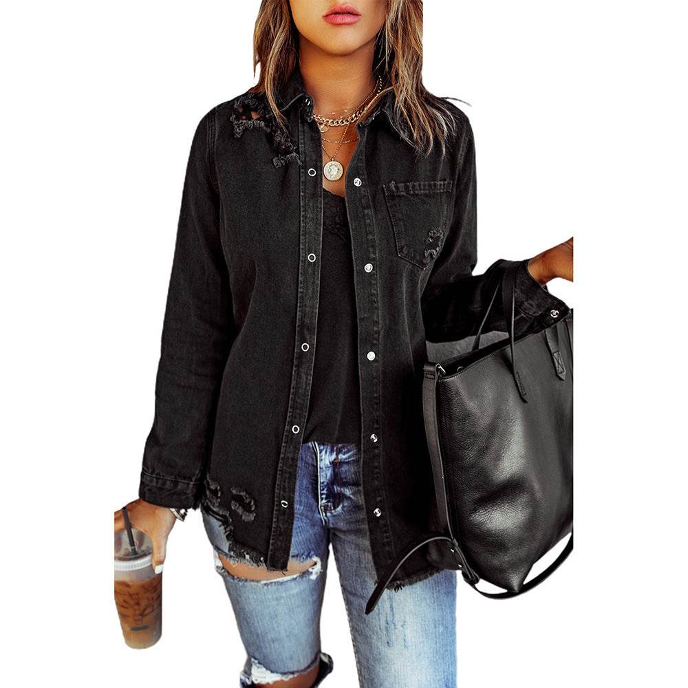 Long Sleeve Jeans Jacket Loose Fit Mid-Length Black - Velora