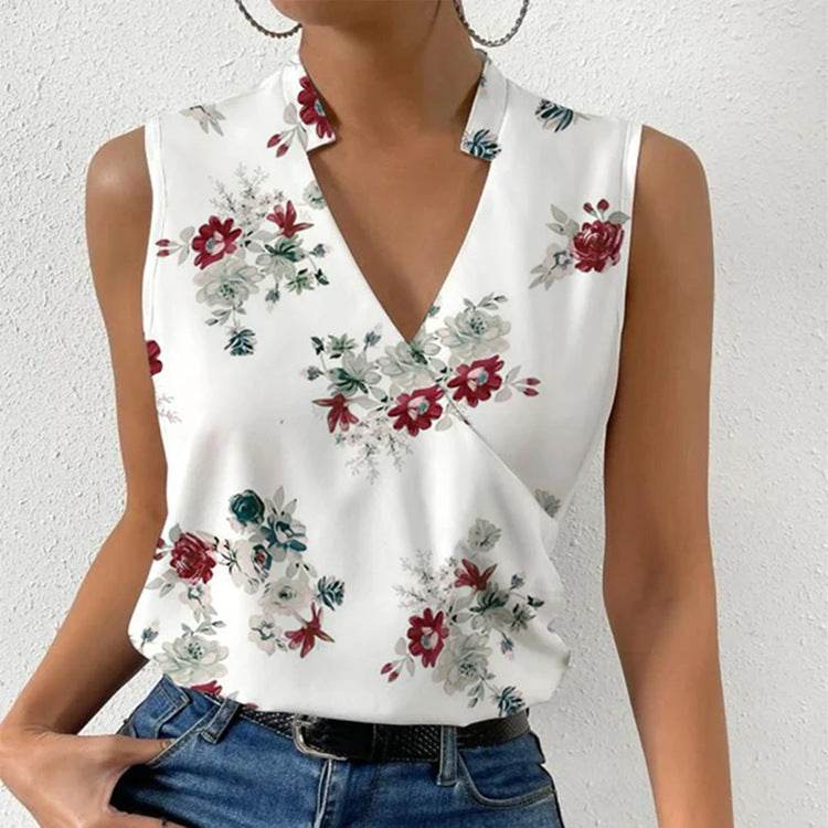 Casual Printed Tops Summer V-neck Sleeveless T-shirt Womens Clothing - Velora