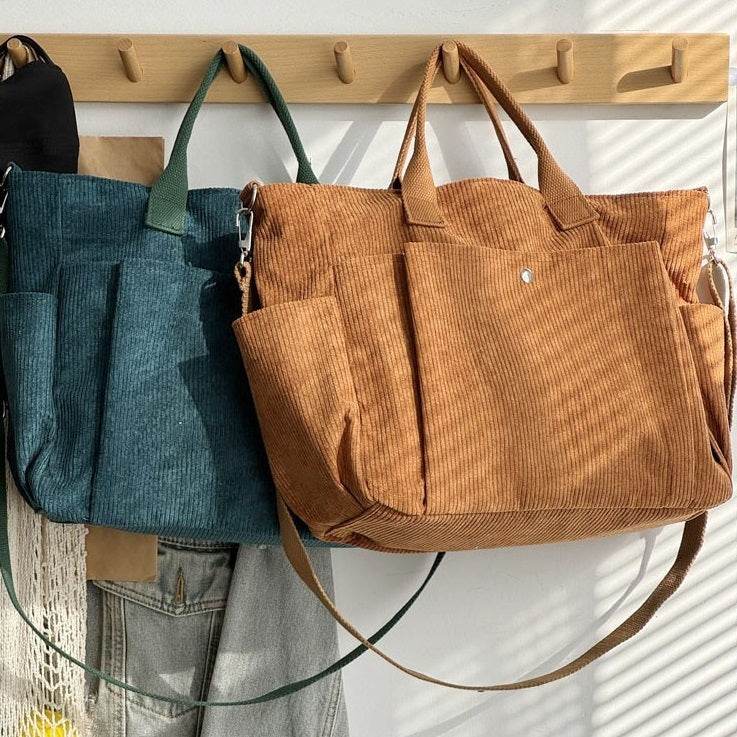 Thick Corduroy Shoulder Bags Simple All-match Commute Totes Student Leisure Artistic Portable Messenger Bag - Velora