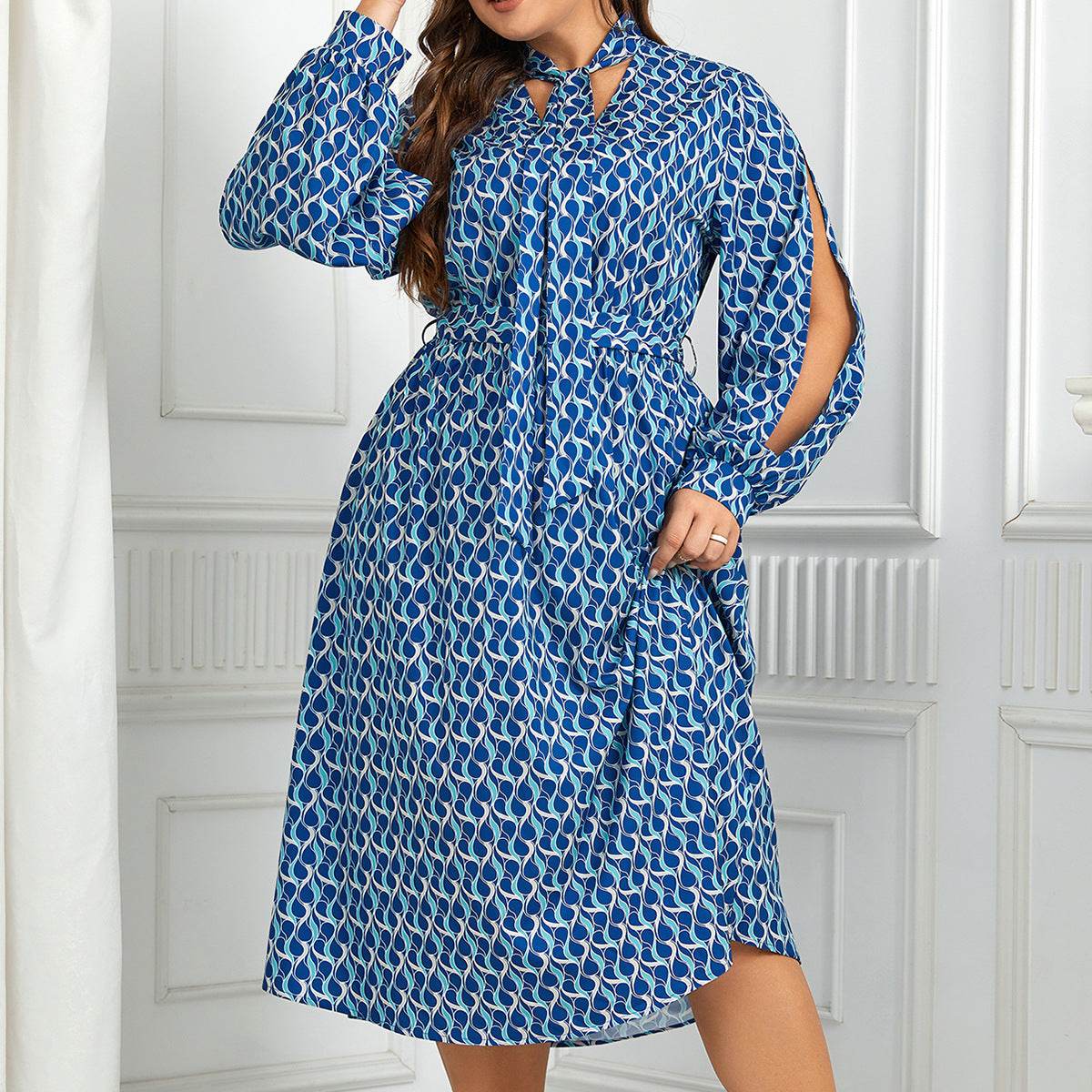 European And American High Waist Print Long Puff Sleeve Dress - Velora