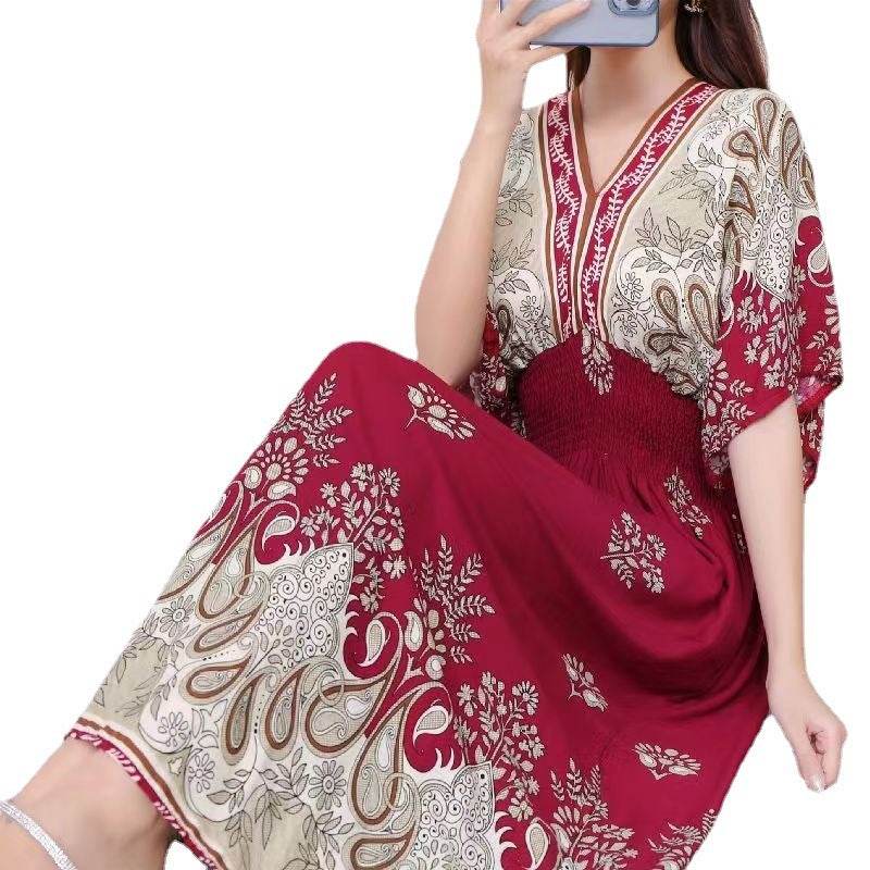 Cotton Silk Floral Dress Women's Summer Ethnic Style V-neck Short Sleeve Pastoral Style Skirt - Velora