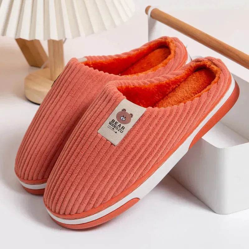 Solid Color Striped Slippers For Women Thick-soled Anti-slip Indoor Warm Plush Home Shoes Couple Women Men Slipper Winter - Velora