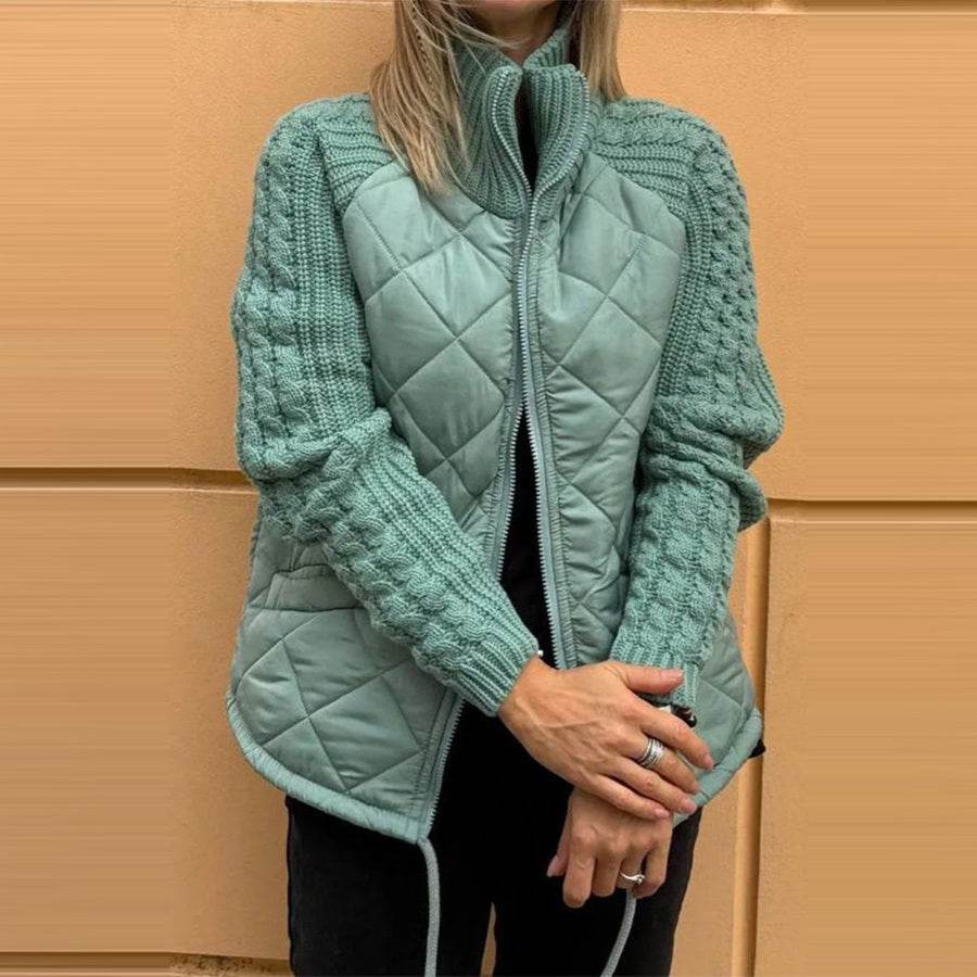Stand Collar Cotton Jacket With Pockets Fashion Knitted Stitching Zipper Coat Winter Warm Tops For Women - Velora