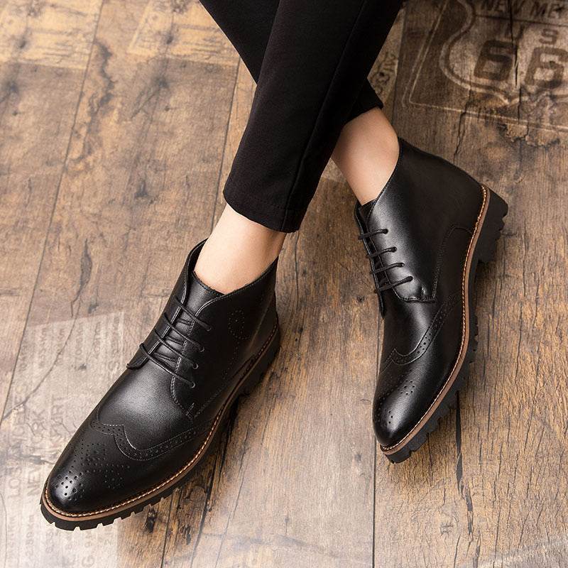 Simple Carved Casual Pointed Inner Height Increasing Leather Shoes - Velora