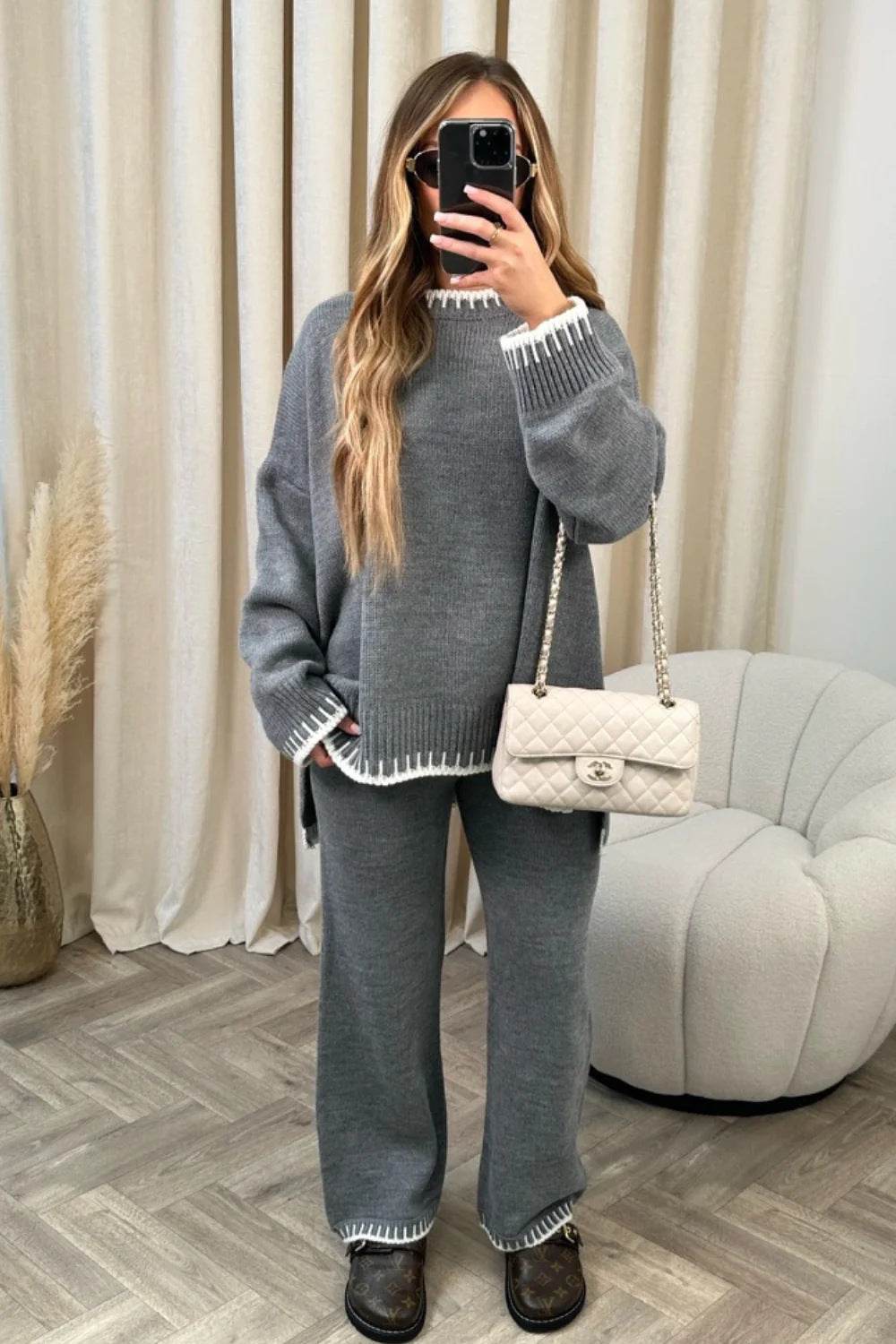 Women's Suit Fashion Pullover Split Long-sleeved Top And Loose Straight Pants Solid Color Two-piece Set - Velora