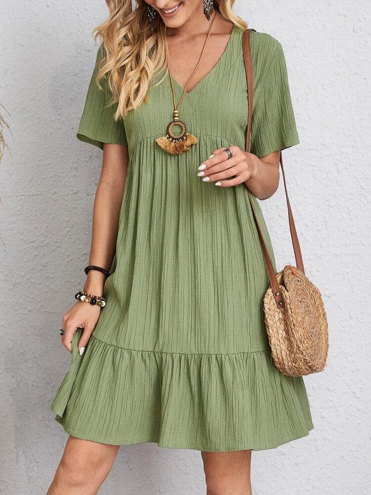 V-neck Short Sleeve Dress Summer Fashion Casual Loose Ruffled Dresses Beach Clothing Women - Velora