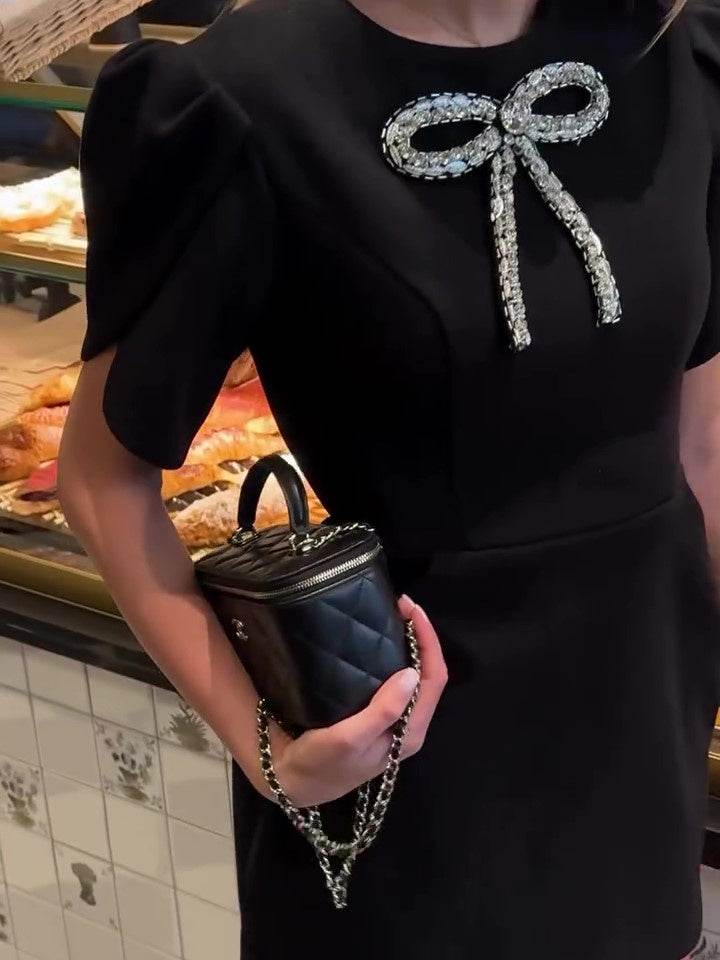 Elegant Rhinestone Bow Petal Sleeve Dress - Velora