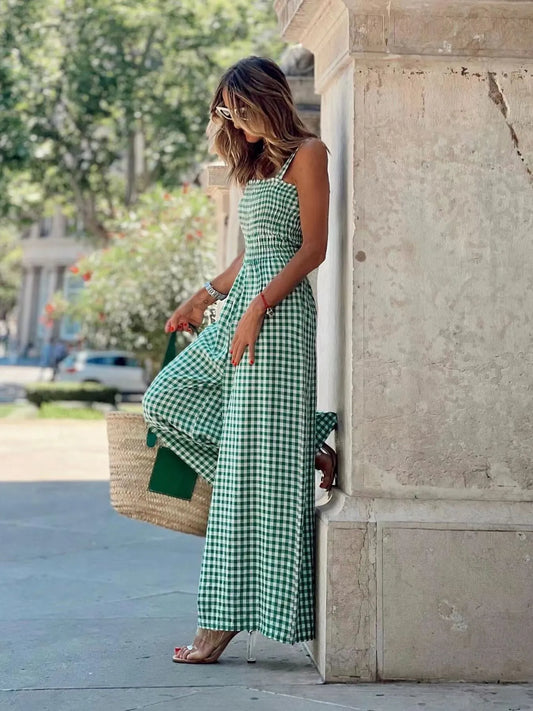 Gingham Smocked Wide-Leg Jumpsuit - Velora