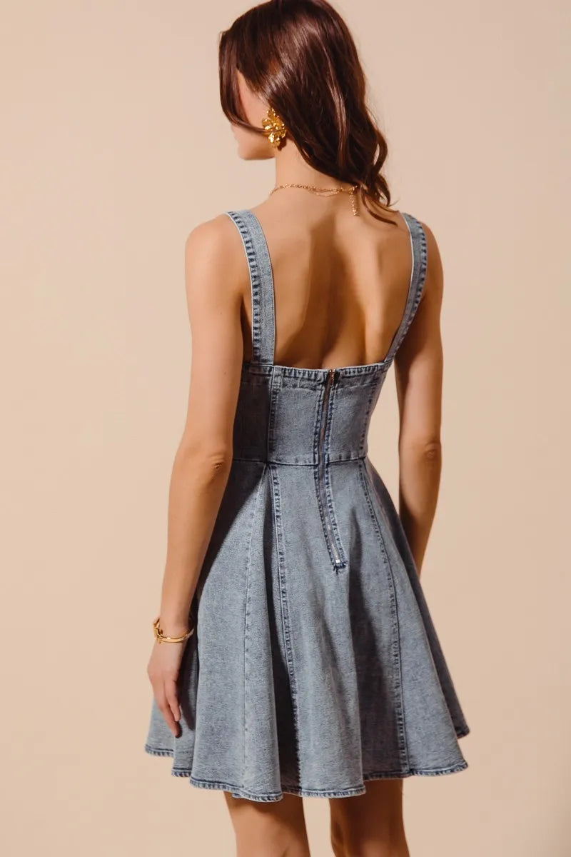 SO ME Mineral Washed Bow Ribbon Denim Flare Dress - Velora