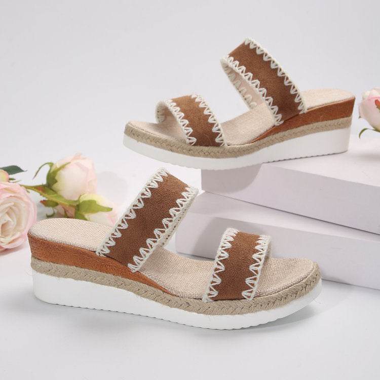 New Hemp Rope Woven Wedge Slippers Summer Ethnic Style Sandals Double Wide Strappy Shoes For Women - Velora