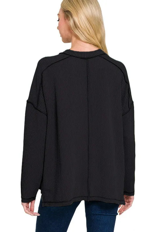 Zenana Full Size Exposed Seam Long Sleeve Corded Rib Knit Top Plus Size - Velora