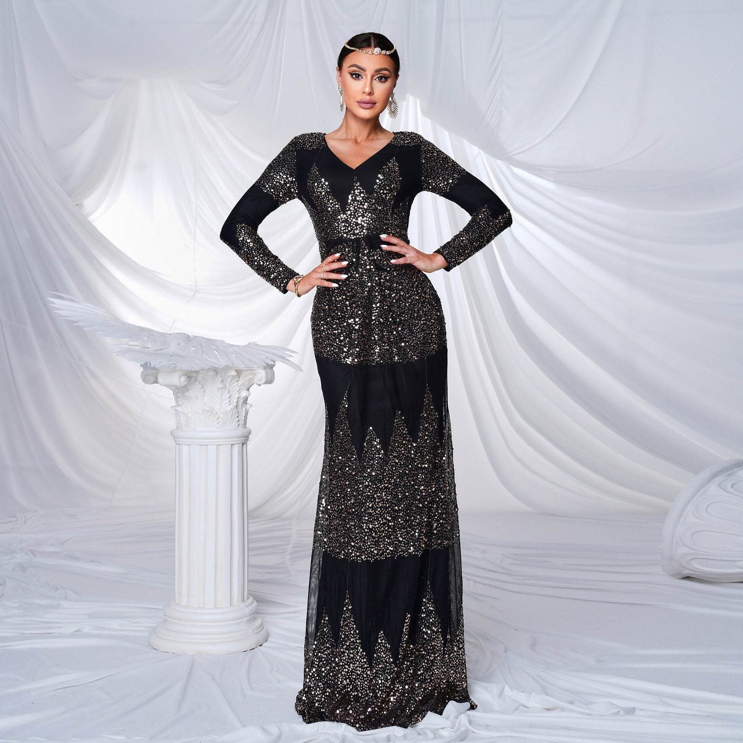 Long Sleeve V-neck Sexy Slim-fit Long Sequined Banquet Evening Dress - Velora