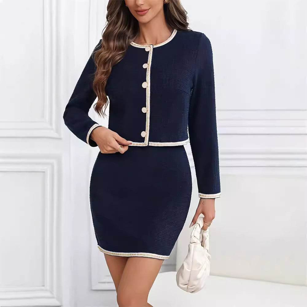 Autumn And Winter Elegant Fashion Commuter Round Neck Button Chanel Style Short Coat Mid-length Dress Set - Velora