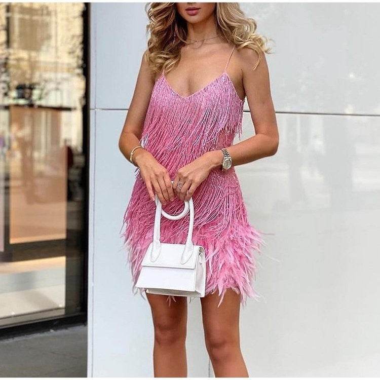 Sexy Tassel Sequins Feather Summer Mini Dress Women V Neck Spaghetti Strap Stitching Dresses Female Elegant Evening Party Club Dress - Velora