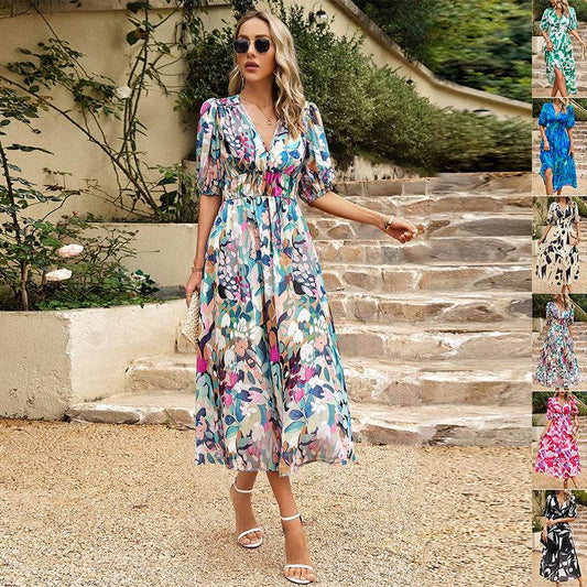 New V-neck Printed Short-sleeved Long Dress Summer Fashion Slim Seaside Vacation Beach Dresses For Women Clothing - Velora