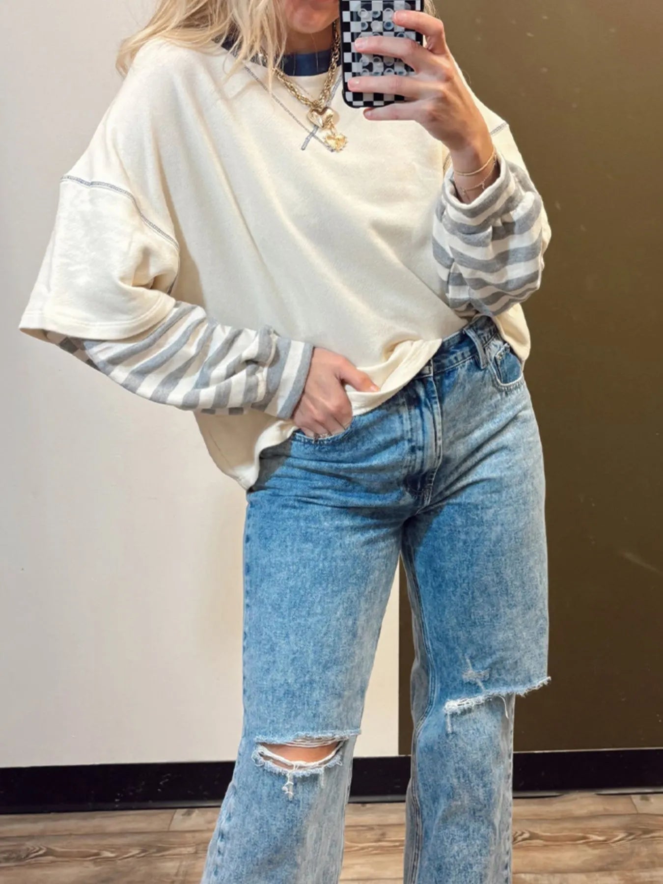 Striped Patchwork Long Sleeve Round Neck Two-in-one Top - Velora