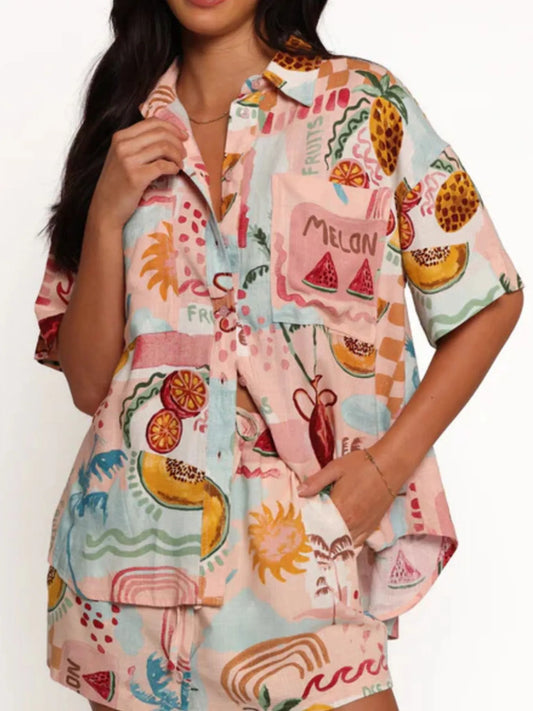 Printed Button Up Shirt and Shorts Set - Velora