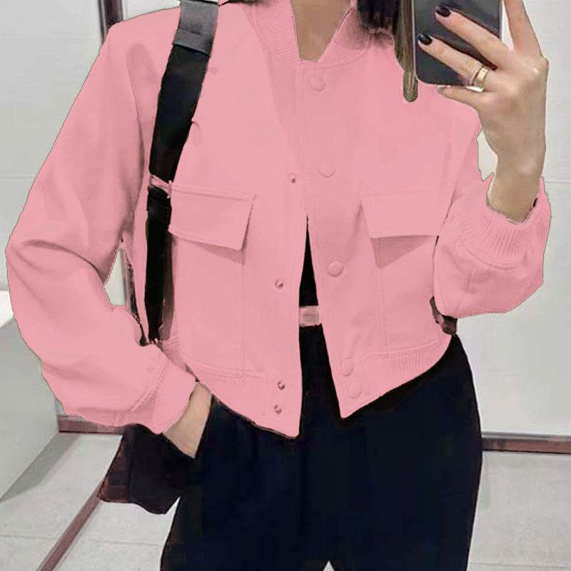 Fashion Button Stand-collar Jacket With Big Pockets Casual Loose Short Outwear Tops Coat For Women Clothing - Velora
