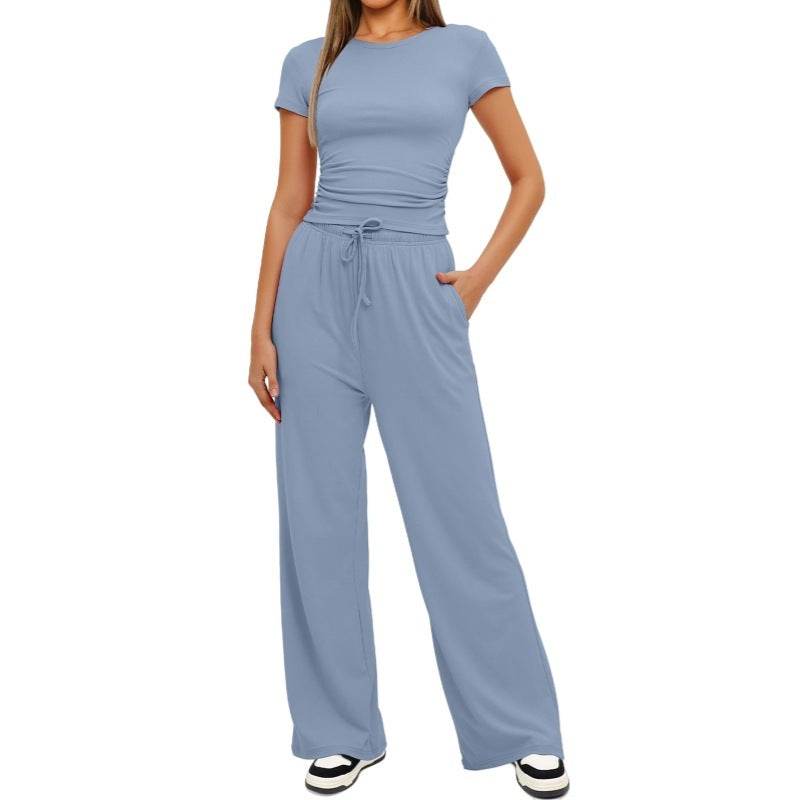 Fashion Casual Set Pleated Short Sleeves Top And Trousers - Velora