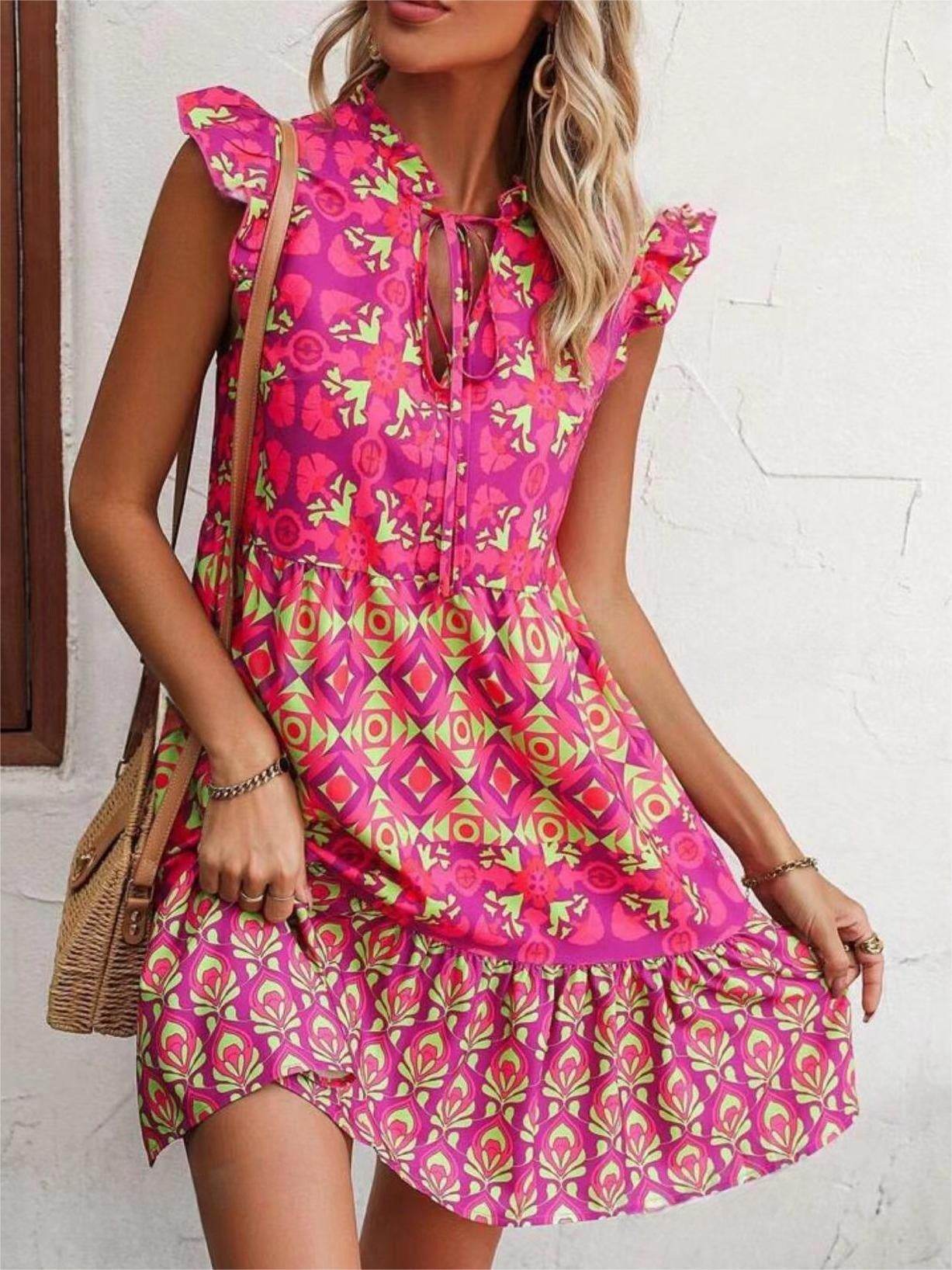 Printed Sleeveless Dress Summer Fashion V-Neck Lace-up Straight Dresses For Womens Clothing - Velora