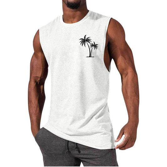 Coconut Tree Embroidery Vest Summer Beach Tank Tops Workout Muscle Men Sports Fitness T-shirt - Velora