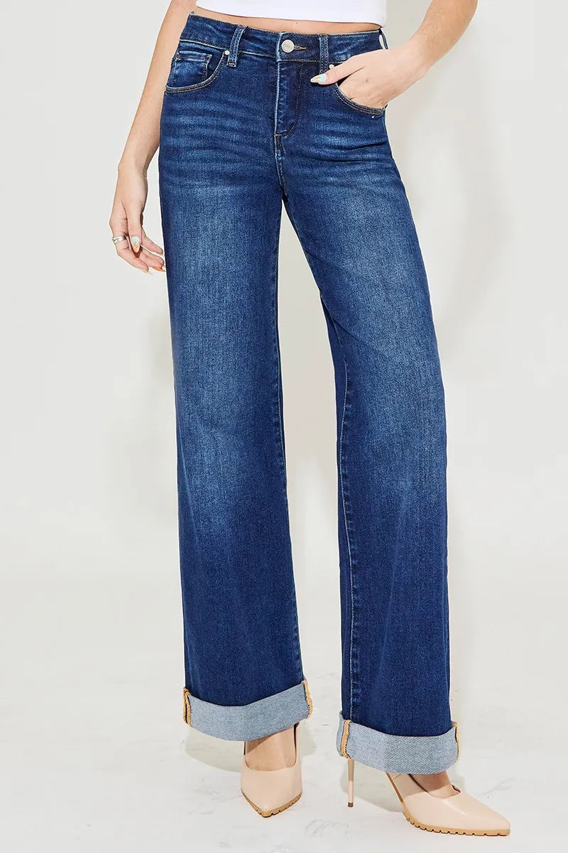 RISEN Full Size Tummy Control High Rise Wide Leg Cuffed Jeans Plus Size - Velora