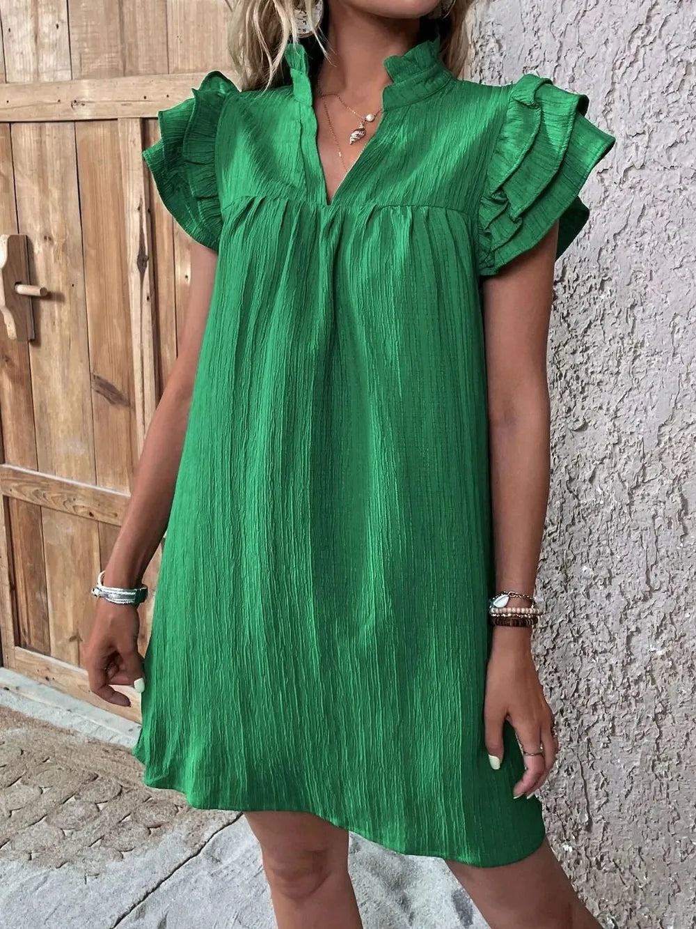 Ruffled Notched Cap Sleeve Mini Dress - Velora