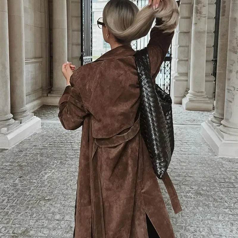 Double Breasted Lapel Shift Coat With Belt Fashion Vintage Suede Long Coat Winter Outwear Women's Clothing - Velora
