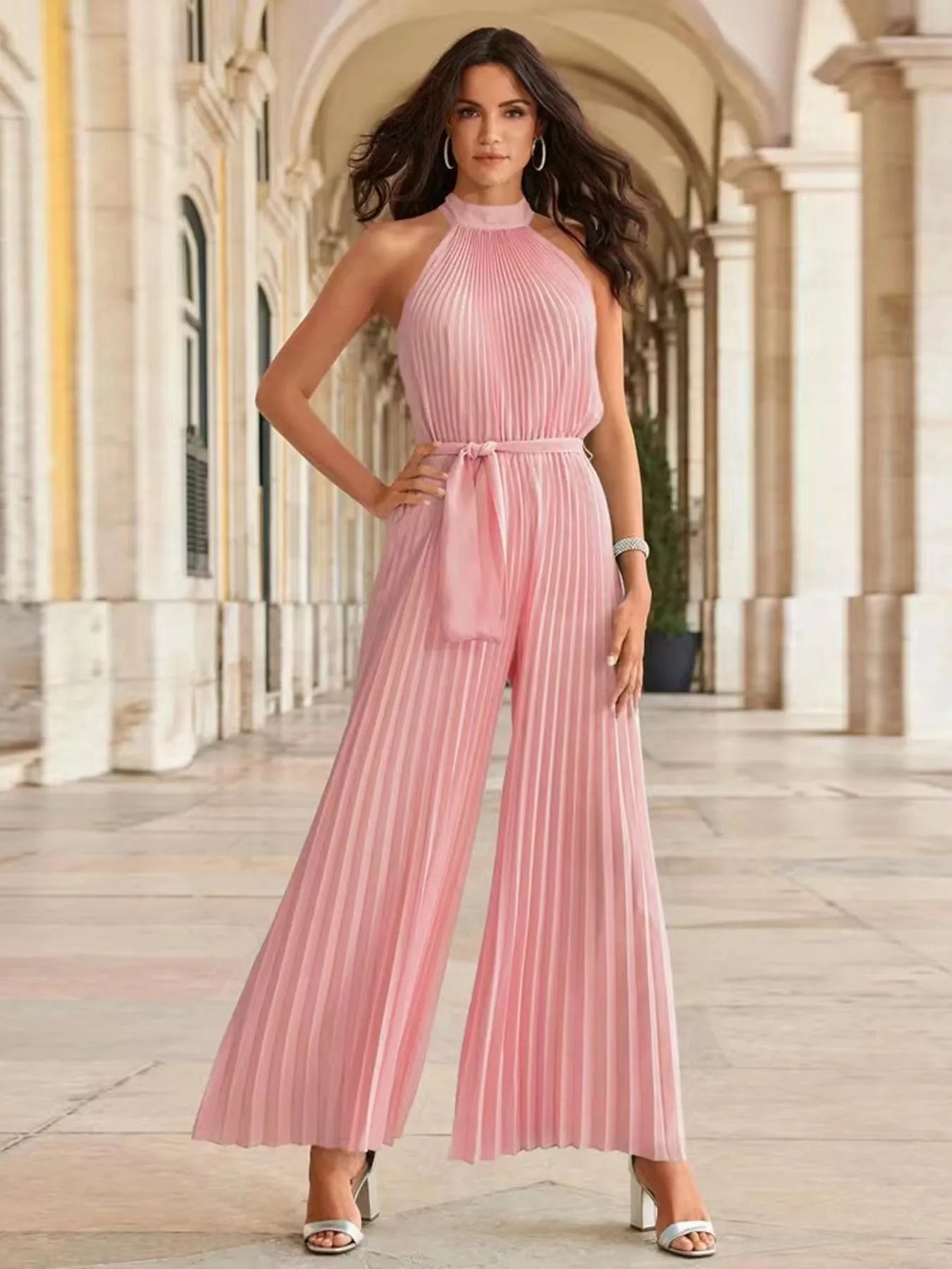 Pleated Sleeveless Wide Leg Jumpsuit - Velora