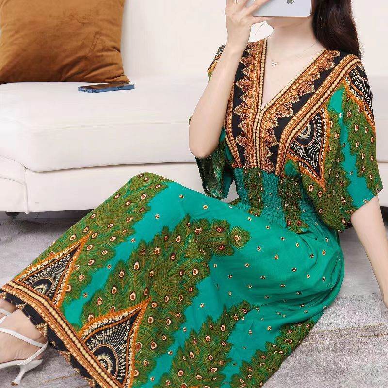 Cotton Silk Floral Dress Women's Summer Ethnic Style V-neck Short Sleeve Pastoral Style Skirt - Velora
