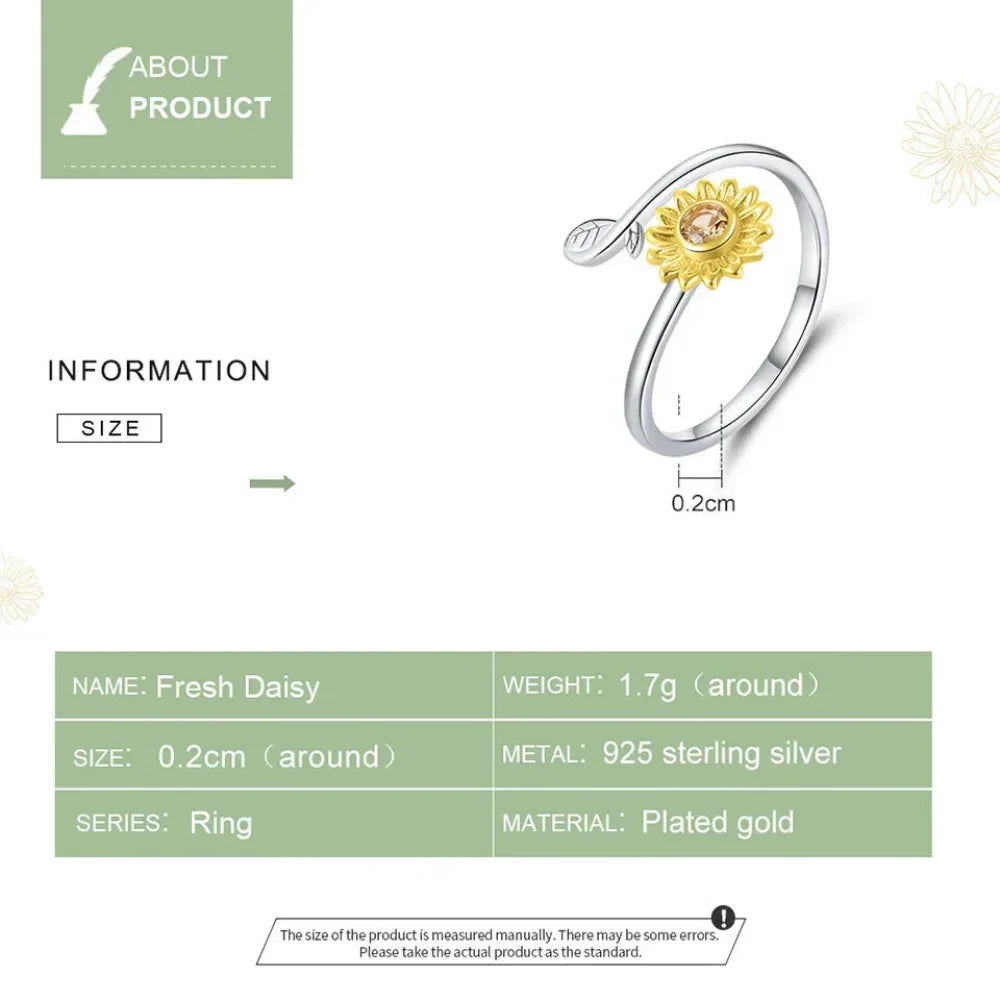 925 Sterling Silver 18K Gold Sunflower Open Ring - Velora Luxury Fashion