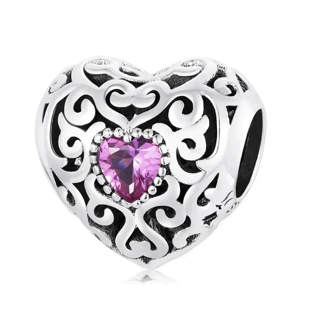 925 Sterling Silver Diy Heart Charm With Pink Zircon - Bsc777 - Velora Luxury Fashion